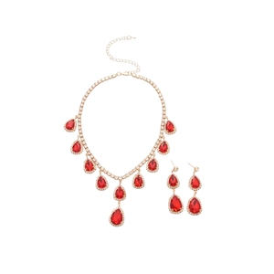 Elegant gold-plated jewelry set featuring red water-drop gemstones and sparkling diamonds