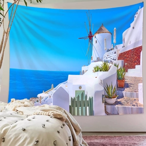 Detailed Santorini tapestry view showing blue domes and white walls for room decor