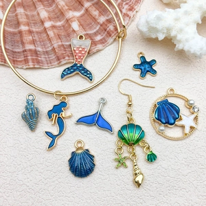 Blue mermaid shell and starfish alloy charms for DIY jewelry making and ocean-themed earrings