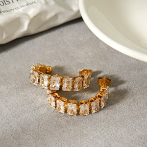 Elegant C-shaped gold-plated stainless steel earrings with rectangle zircon inlay