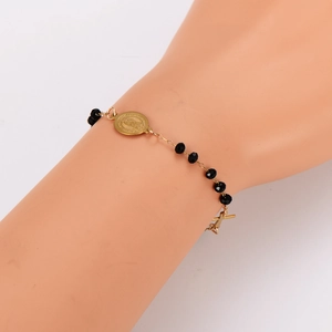 Vintage gold stainless steel bracelet with black beads, virgin mary medal and cross charm