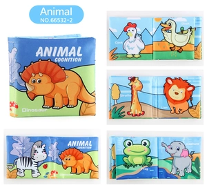 Detail view of colorful baby cloth book featuring animal illustrations for early education