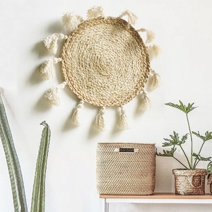 Decorazione Parete Intrecciata Rotonda Boema Paglia Vimini Mais Con Nappe In Cotone Stile Naturale Nordico Ornamento Casa
