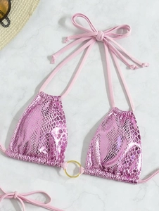 Detail of snakeskin print bikini top with halter tie and decorative gold metal ring