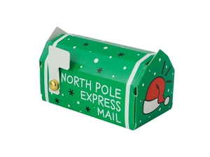 Detail of a green mailbox-shaped Christmas candy box with North Pole Express Mail print