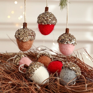 Felt acorn Christmas tree ornaments with glitter caps and strings for holiday decor
