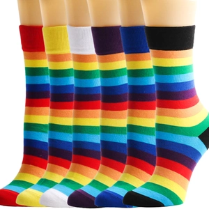 Set of 6 pairs of rainbow striped crew socks with colorful heel and toe accents