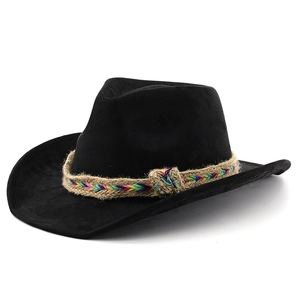 Classic black faux suede cowboy hat with ethnic braided rope detail and curved brim