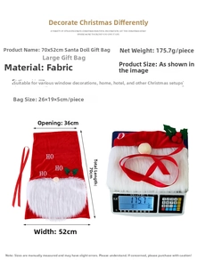 Detail of red velvet gnome gift bag with embroidery and dimensions 70x52cm