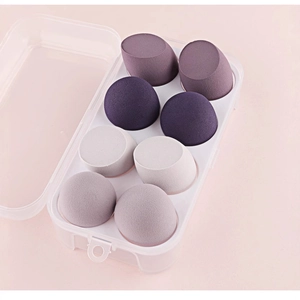 Set of 8 colorful makeup sponges in different shapes with clear storage box