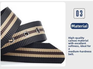 Detail of high-density canvas belt featuring three-color stripes and metal eyelets