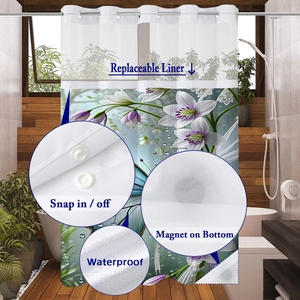 Detail of snap-in waterproof shower curtain liner with bottom magnets and floral print