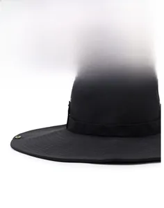 Detail of a wide-brimmed black sun hat featuring a firm brim and side metal eyelets