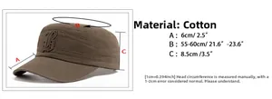 Size chart showing cotton flat top army cap dimensions including brim and circumference