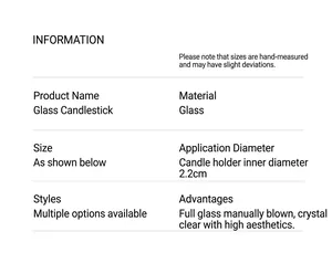 Specifications of hand-blown clear glass candle holder with 2.2cm diameter fit