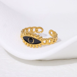 Adjustable 18K gold plated evil eye ring with black enamel and chain texture details
