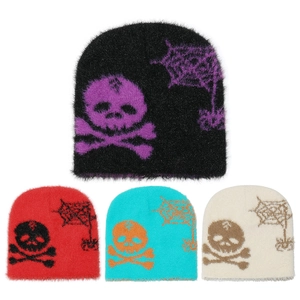 Plush beanie with gothic skull and spider web pattern in four assorted colors