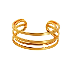 Polished gold plated multilayer open cuff bracelet with geometric wide lines design