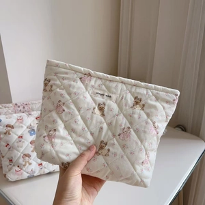 Quilted cotton makeup bag with cute bear floral print and simple wish cloth label
