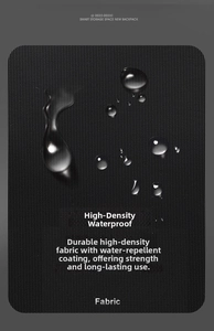 Detail of high-density waterproof fabric showing water droplets on the backpack surface