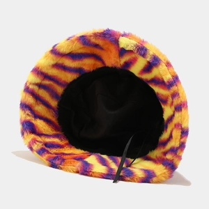 Plush faux fur bucket hat with colorful tiger stripes and adjustable inner drawstring