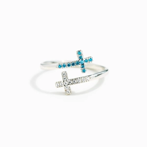 S925 sterling silver open ring featuring blue and white zircon cross charms for women