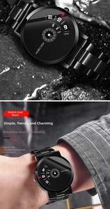 Detail view of all-black steel watch with unique asymmetrical dial on wet rock background