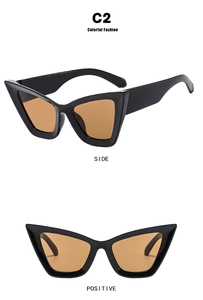 Detailed side and front view of cat-eye sunglasses with black frames and brown lenses