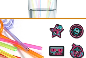 Reusable colorful spiral straws with 80s music theme stickers for party decoration