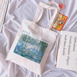 Van Gogh and Monet Water Lilies art print canvas tote bag on aesthetic white fabric