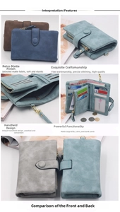 Detail view of tri-fold matte PU leather wallet interior with multiple card slots and zip pocket