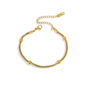 Gold plated stainless steel mesh chain bracelet with smooth metal beads and lobster clasp