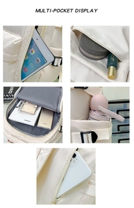 Multi-pocket detail of beige backpack showing organized storage for gadgets and books