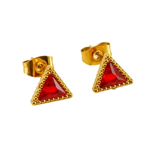 Minimalist gold stainless steel triangle stud earrings with red crystal stone for women