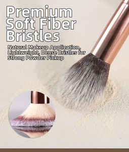 Macro shot of dual-ended makeup brush with soft grey synthetic bristles and rose gold ferrule