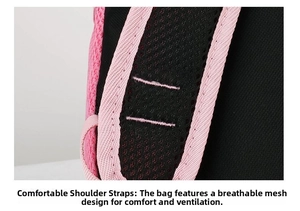 Detail of pink and black honeycomb mesh shoulder straps with breathable sponge padding