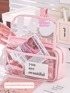 Detail showing pink multi-layer pencil case with transparent front flap and magnetic closure