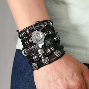 Men's punk multilayer black braided leather bracelet set with silver skull and anchor charms