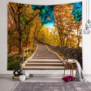 Detail of autumn forest landscape tapestry with stone stairs on a white brick wall