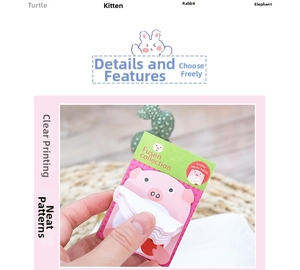Close-up of cute cartoon pig sticky notes featuring a vibrant green and pink package design