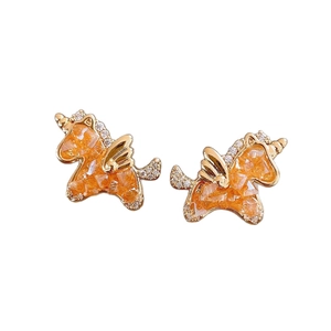 Elegant gold pegasus stud earrings with orange crystals and sparkling rhinestones