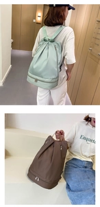 Detail of Oxford fabric swim bag showing the bottom shoe compartment in green and brown