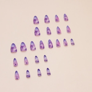 Purple marble pattern almond press-on nails set with glossy finish for women