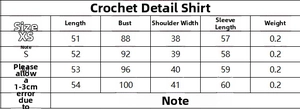 Detailed size chart for women's crochet shirt showing length and bust measurements