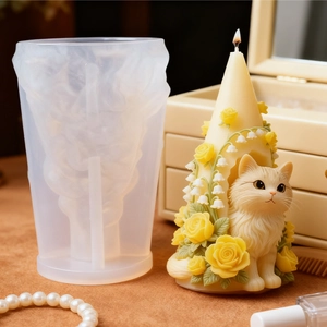 Molde de silicona para velas DIY casa de gato y flores con texturas florales detalladas