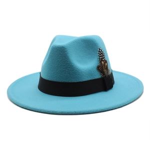 Close-up of light blue felt fedora hat featuring black grosgrain ribbon and feather detail