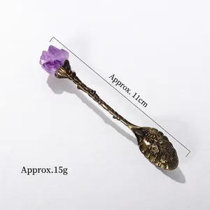 Vintage bronze coffee spoon with natural purple amethyst crystal and floral carving