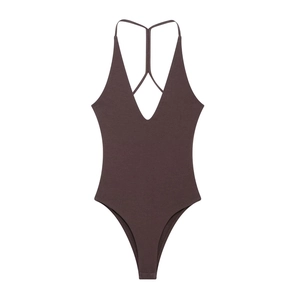 Sexy dark brown V-neck rib-knit bodysuit with thin Y-back straps for women