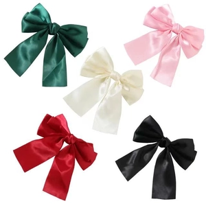 Set of five elegant satin bow hair clips in green, pink, beige, red, and black colors