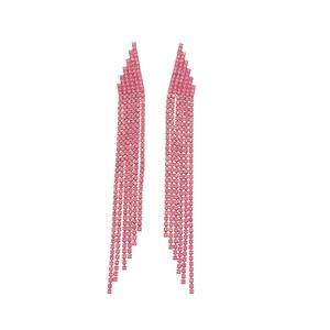 Elegant long pink rhinestone trapezoid tassel earrings with refined silver pin design